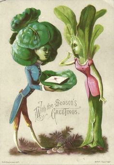 an old fashioned christmas card with two women dressed as vegetables