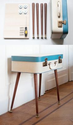 an old suitcase turned into a table with wooden legs and knobs attached to it