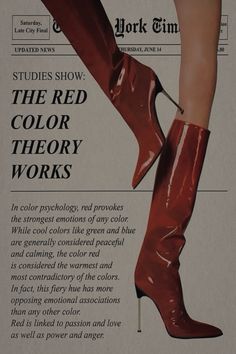 an advertisement for the red color theory works, featuring high heeled boots with pointed toes