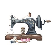 an old sewing machine with thread and spools on the table, watercolor painting