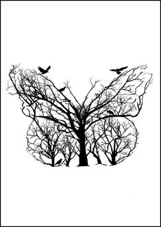 birds are sitting on the branches of a tree in black and white, with no leaves