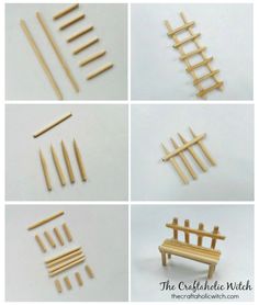 four pictures showing different types of wooden pegs and clothes pins on a white surface