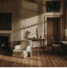 a living room filled with furniture and a fire place next to a table on top of a hard wood floor