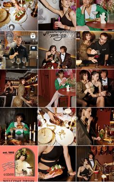 a collage of photos with people eating and drinking at different places in the room