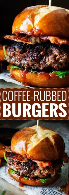 coffee rubbed burgers with toothpicks in the middle