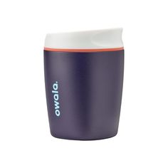 a purple and white cup with the word ovo on it's side, sitting in front of a white background