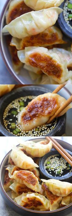 some food is being cooked in a pan with chopsticks on the side and another photo shows how to make dumplings