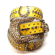 b.b. Simon Yellow Horseshoe Crystal Belt - Dudes Boutique Bb Simon Belts, Bb Simon Belt, Bling Jeans, Yellow Belt, Yellow Jeans, Crystal Belt, Concert Fits, Designer Belts, Jean Belts