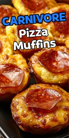 mini pizza muffins with cheese and pepperoni on top in a black pan