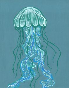 a drawing of a jellyfish in blue water