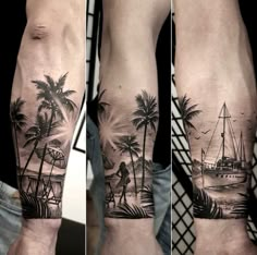 three different views of a man's arm with palm trees and boats on the water