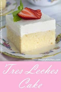 there is a piece of cake with strawberries on top and the words tres leeches cake above it