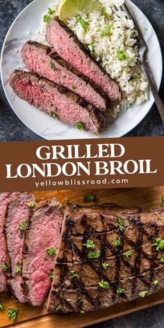 grilled london broil on a plate with rice and lime