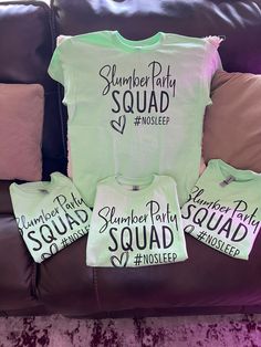 three t - shirts that say slurber party squad and no sleep on them