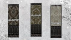 three doors with different designs on them in front of snowflakes and frosted trees