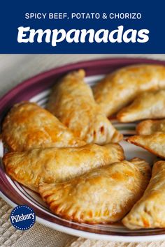 empanadas on a plate with the title spicy beef, potato and chorizzo