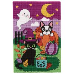 a cross stitch pattern with cats and ghost on the ground in front of a purple background