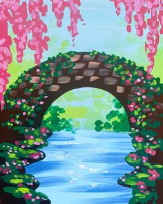 a painting of a bridge with pink flowers on it