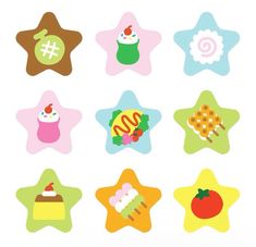 six star shaped stickers with different designs on them, all in various colors and shapes