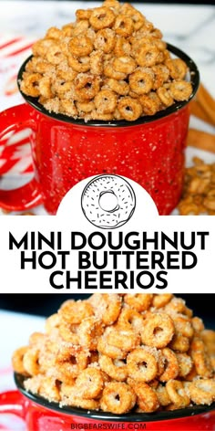 homemade mini doughnuts in a red bowl with text overlay that reads homemade mini doughnuts hot buttered cheerios