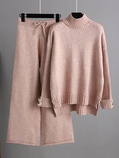 Urban Long Sleeves Solid Color Half Turtleneck Sweater Tops  &  Wide Leg Pants Two Pieces Set PINK-One_size Jumper Outfit Korean, Casual Knitwear, Work Pants Women, Knitted Hood, Chic Sweaters, Cable Sweater, Pantalon Large, Collar Sweater, Knit Sweatshirt