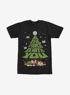 a black t - shirt with an image of a christmas tree and presents on it