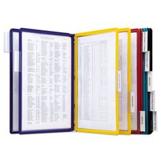 an open folder with several different colored pages