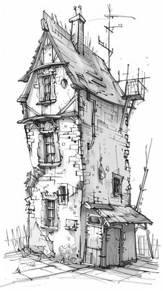 a drawing of a house that is in the middle of some sort of building with lots of windows