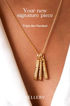 A triple threat bar necklace to fit all your kids' names. Proudly flaunt the names of all your loves ones. Always room to add more! Necklaces, Necklaces Aesthetic, Necklaces for girlfriend, Necklaces with name, Simple necklaces, DIY necklaces, Women's gold jewelry accessories, Best women's gold pendant necklace, Popular women's gold pendant necklace, Unique women's gold pendant necklace, Tripal Bar pendant! #necklace #goldjewelry #rellery #goldnecklace #jewelryaccessories #womensjewelry #gold Necklaces With Name, Elegant Everyday Bar Necklace With Custom Name, Necklaces For Girlfriend, Gold Custom Name Bar Necklace For Gift, Gold Bar Necklace With Name For Gift, Girlfriend Necklaces, Personalized Gold Bar Necklace With Name, Necklaces Aesthetic