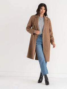 a timeless and elegant piece for work or weekend ensembles, this versatile women's wool coat comes in a classic double-breasted design and a midi length.    fit & features:  double-breasted front closure notched lapels side pockets unlined back vent midi length: typically hits around the knee to mid calf   materials & care:  53% wool, 42% polyester, 3% nylon dry clean only Women’s Coats, Brown Wool Coat Outfit, Wool Coat Outfit, Winter Clothes Women, Brown Wool Coat, Winter Work Wear, Work Coat, Winter Work, Wool Coat Women