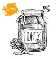 honey jar with the word honey on it and a bee flying over it royalty illustration