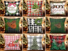 twelve christmas pillows with pine cones and plaid designs on them, all in different styles