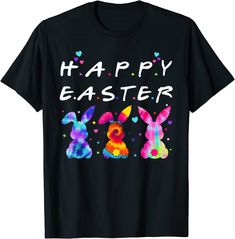 a black shirt with the words happy easter and two bunnies in front of it