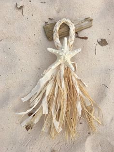 a starfish on the sand with some seaweed tied to it's side