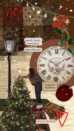 a collage with a clock, christmas tree and other things in the background that include words such as i love you