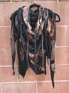 Handcrafted black and brown distressed scarf, triangle shape Apocalyptic Forest, Man Halloween Costume, Burning Man Accessories, Dystopian Fashion, Brown Scarf, Cyberpunk Clothes, Burning Man Outfits, Brown Scarves, Distressed Jacket