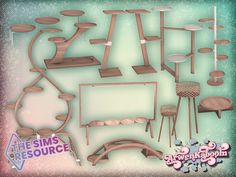 an assortment of wooden furniture and accessories for the simss source game, with text overlay