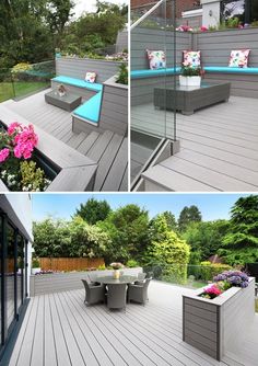 three pictures of a deck with furniture and flowers