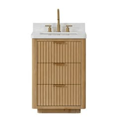 a wooden sink cabinet with two drawers and a faucet in the middle, against a white background