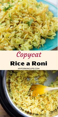 rice in a pot with the words copycat rice a roni above it and below