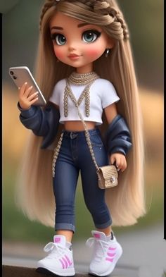 a doll with long blonde hair holding a cell phone and looking at it's screen