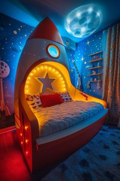 a child's bedroom with a rocket ship bed and stars on the wall,