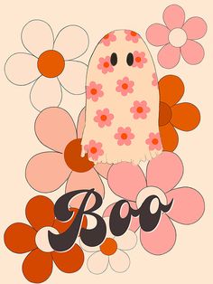 an image of a bird surrounded by flowers and the word boo on it's back