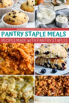 collage of pantry staple meals including blueberries, muffins and other items