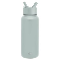 a stainless steel water bottle with an insulated lid and straw sticking out of the top