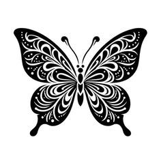 a black and white butterfly with intricate patterns on it's wings, flying in the air