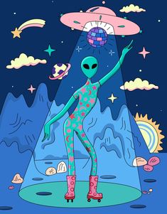 an alien is skateboarding in front of mountains and stars with his arms up to the sky