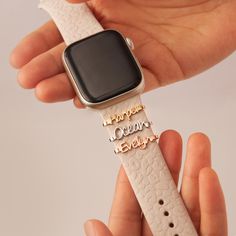 Elevate your Apple Watch with a touch of personalized flair with  exquisite Custom Watch Band Name Charm. This elegant accessory not only adds a unique charm to your watch band but also allows you to showcase your individual style. Made with high-quality Stainless Steel and customizable to fit your preferences, write any name or word that holds meaning to you and it will be crafted with care. And this is the perfect accessory for him or her. Make a statement and stand out from the crowd with thi Trendy Rectangular Apple Watch Band As Gift, Trendy Apple Watch Band As A Gift, Customizable Silver Watch Accessories For Gift, Trendy Stainless Steel Watch Band Gift, Customizable White Watches As Gifts, Customizable White Watch As Gift, Personalized Adjustable Watches As Gifts, Modern Watch Band With Bracelet Strap As Gift, Trendy Apple Watch Band Bracelet Strap Gift