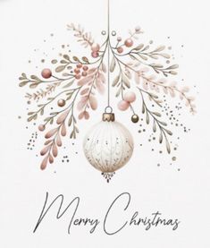 a white christmas card with an ornament hanging from it's side and the words merry christmas