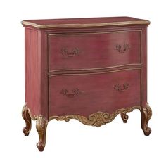 a red dresser with two drawers and gold trimmings on the bottom, against a white background